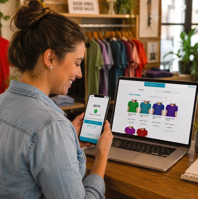 A South Florida boutique owner completing a sale with ReadyPoint on her phone while the same order shows on her laptop.