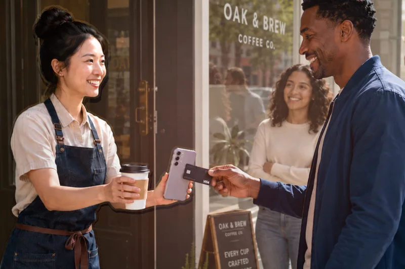 A coffee shop employee accepting a Tap to Pay purchase on a phone at the counter.
